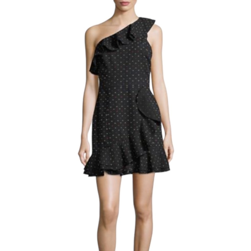 NWT WAYF One Shoulder Ruffle Mini Dress Size Small Embroidered Black &‎ Multi